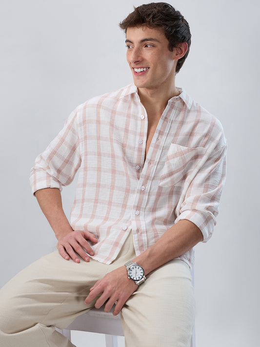 Blush Pink Box Checks Boxy Fit Crop Shirt