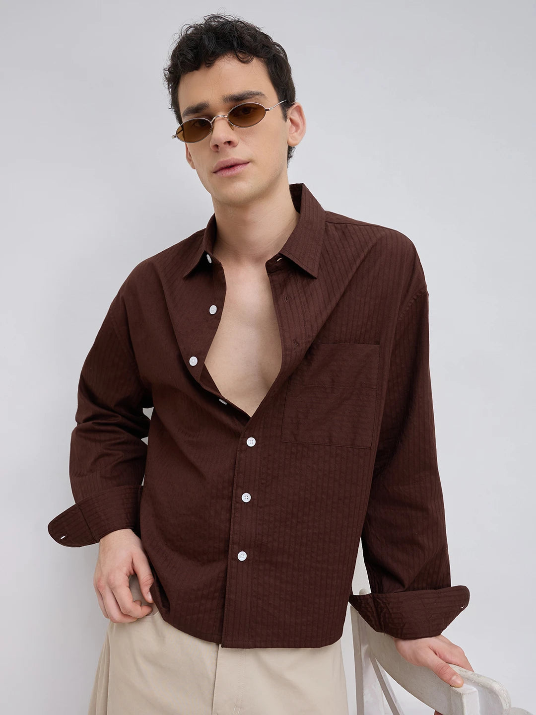 Espresso Brown Pinstriped Boxy Fit Crop Shirt