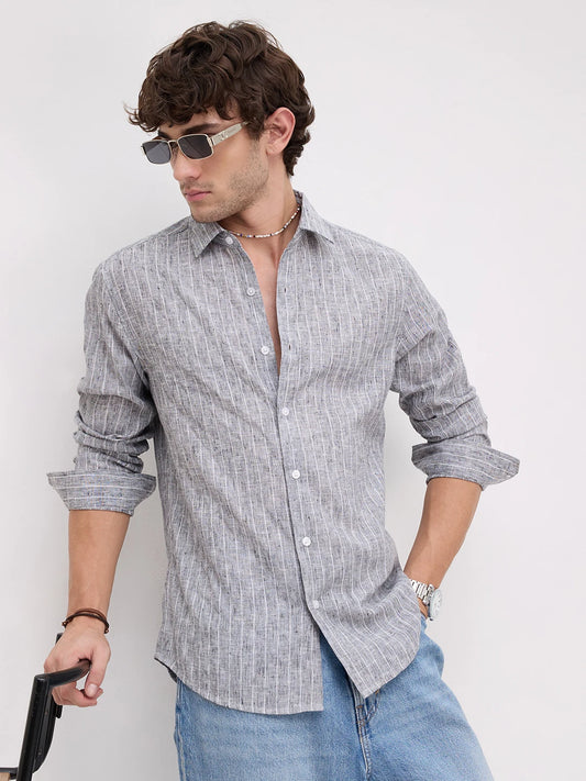 Bluish Grey Melange Striped Shirt