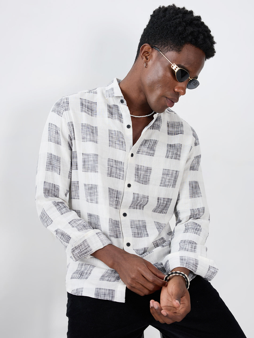 White & Black Geometric Printed Double Cloth Shirt