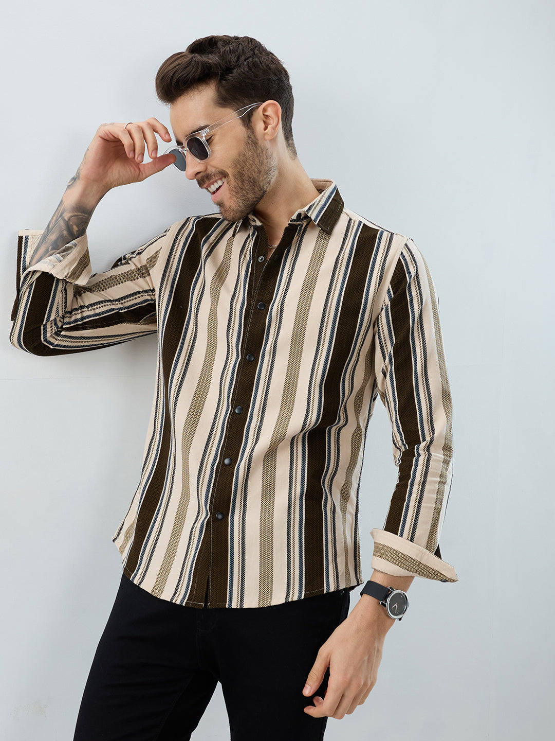 Luxe Brown & Beige Herringbone Striped Shirt