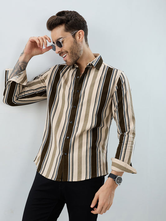 Luxe Brown & Beige Herringbone Striped Shirt
