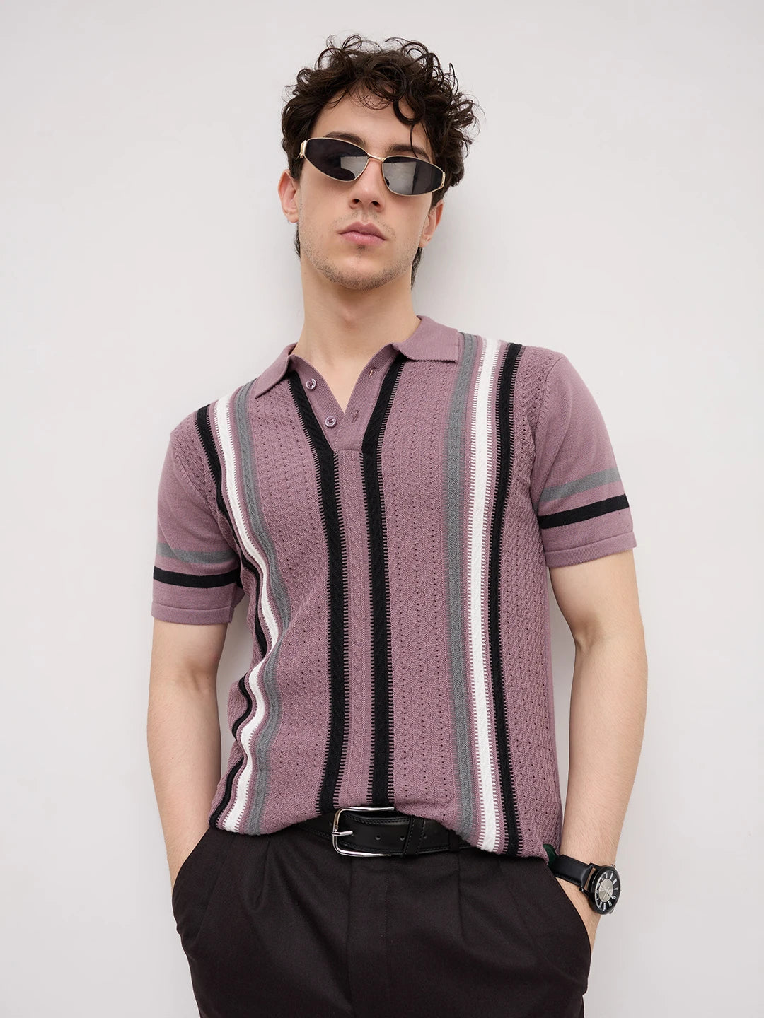 Mauve Ladder Striped Zip Flat Knit Polo T-Shirt