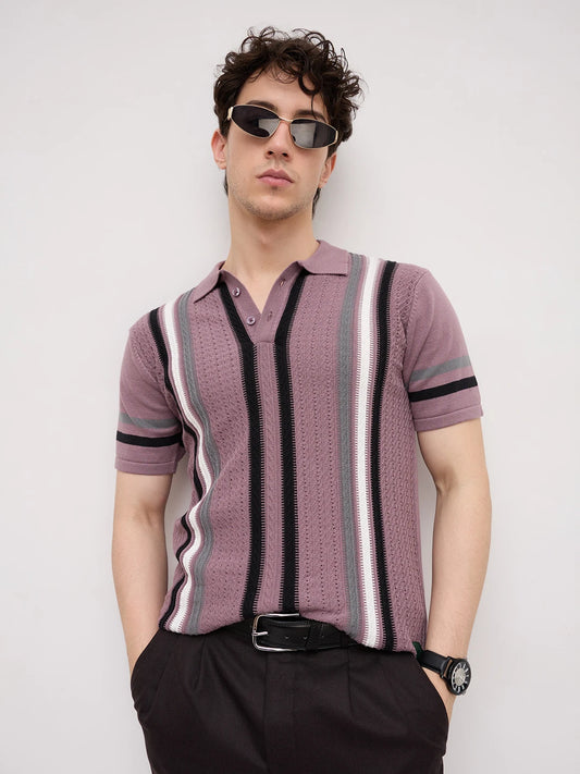 Mauve Ladder Striped Zip Flat Knit Polo T-Shirt