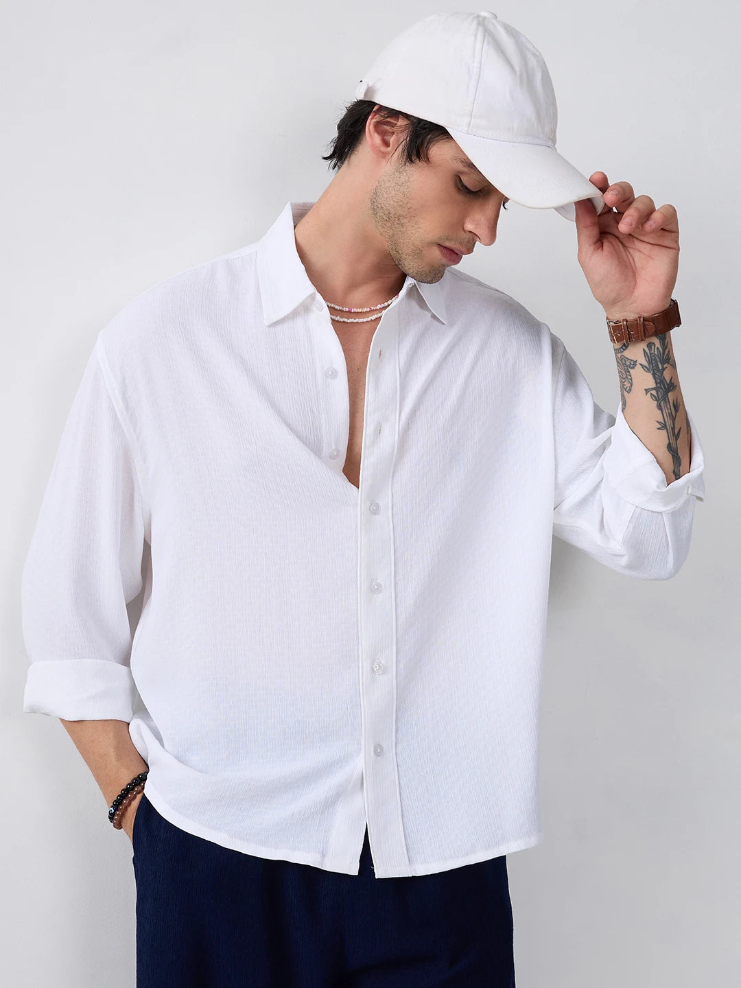 Refined Pure White Textured Boxy Fit Crop Shirt