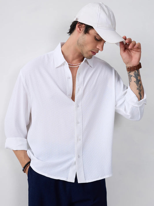 Refined Pure White Textured Boxy Fit Crop Shirt