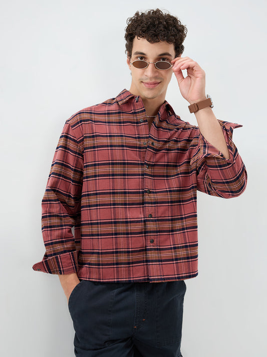 Rosewood Plaid Checks Boxy Fit Crop Cord Shirt