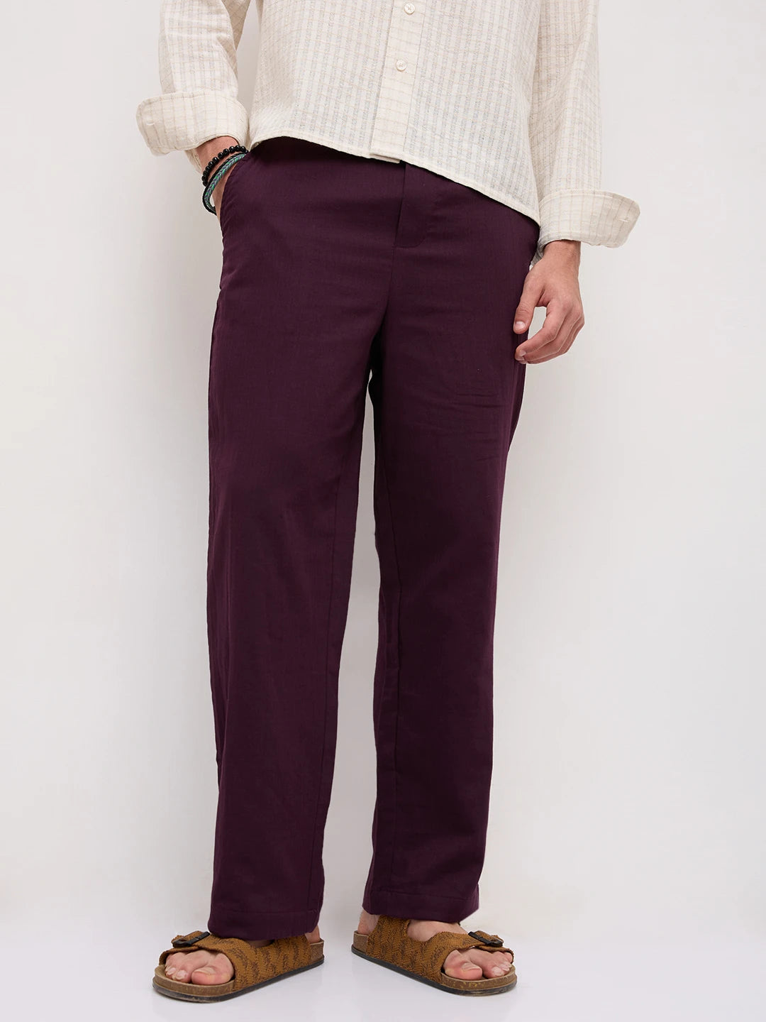 Rich Wine Fine Herringbone Textured Straight Fit Trousers