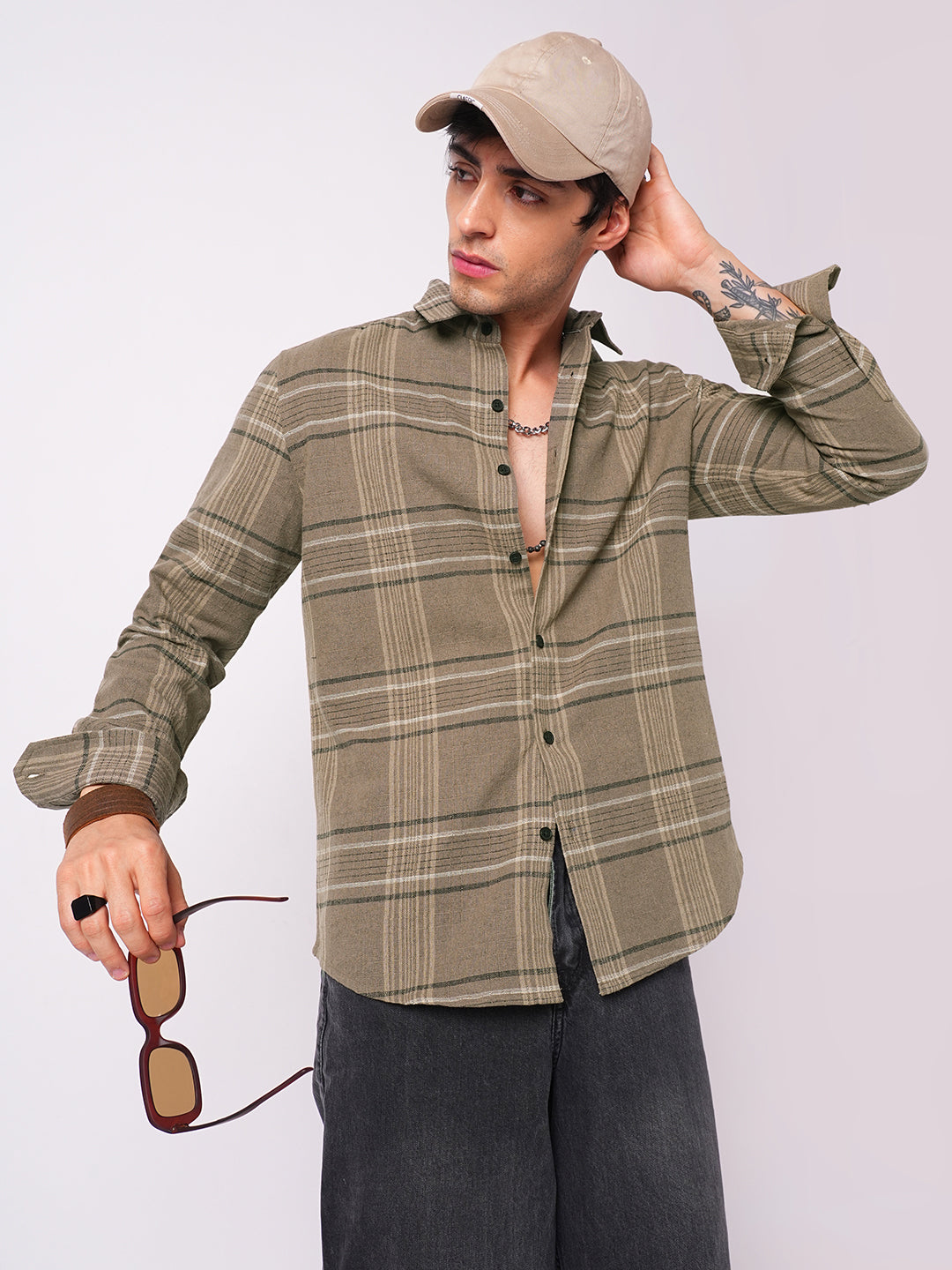 Burlap Saddle Brown Plaid Checks Textured Shirt