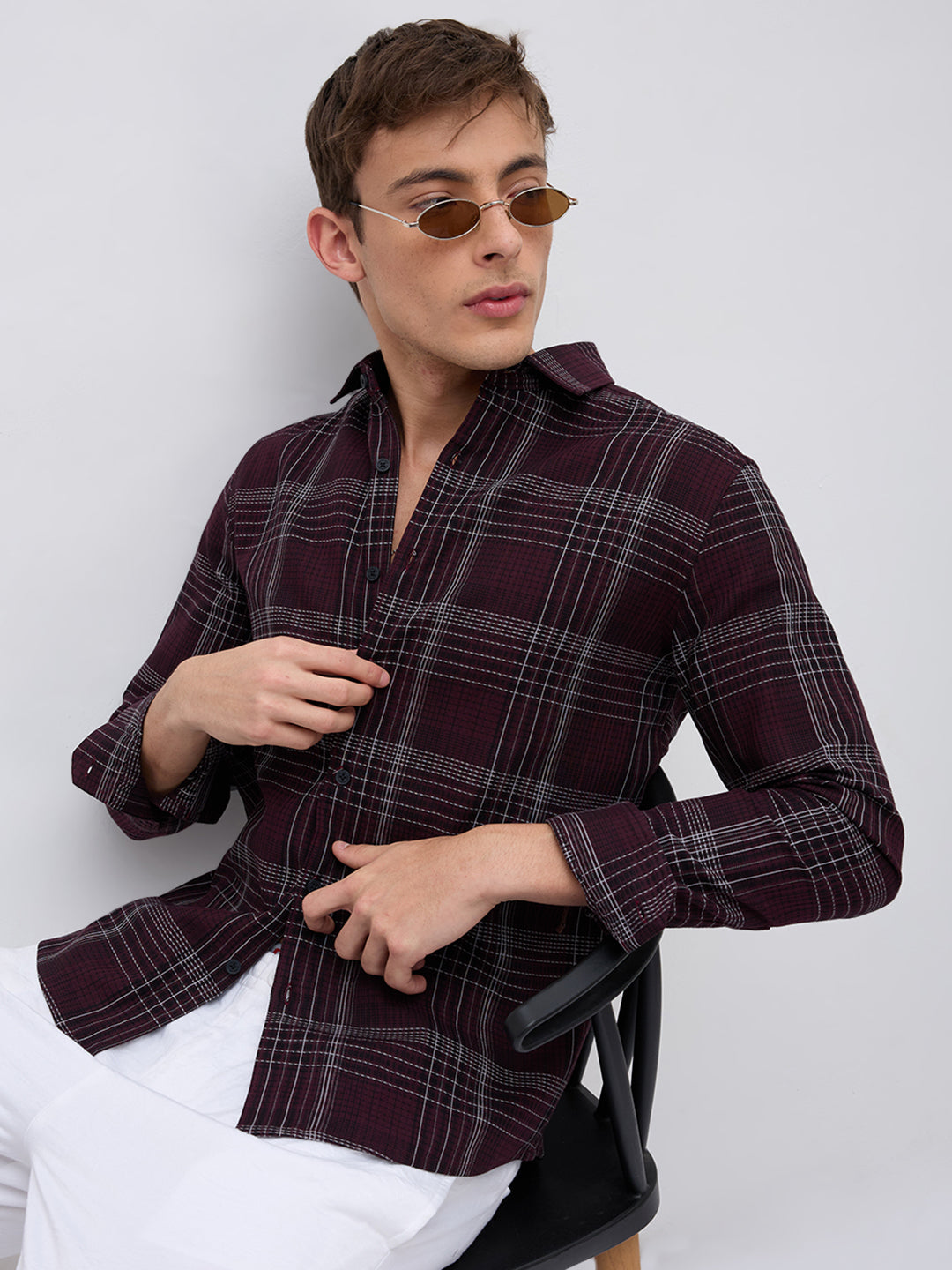 Refined Maroon & White Contrast Checks Shirt