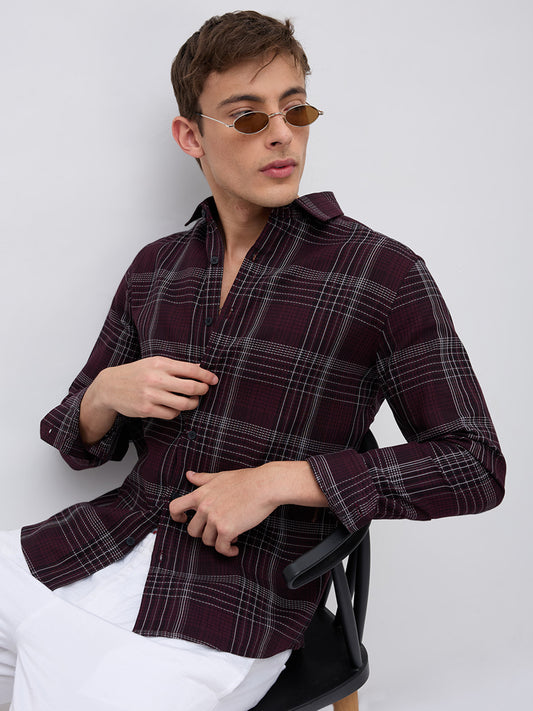 Refined Maroon & White Contrast Checks Shirt