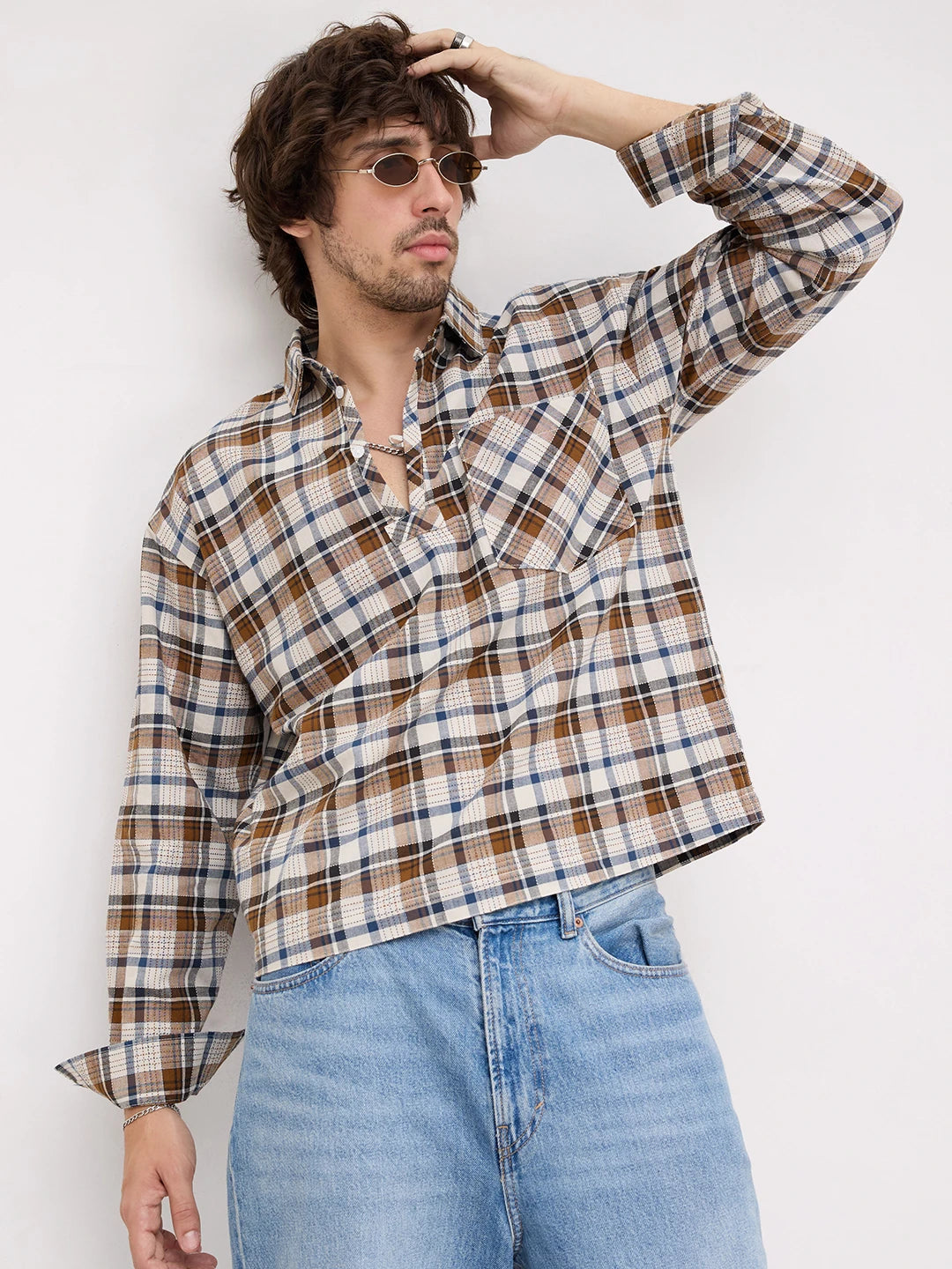 Rustic Artisan Thread-work Grid Checks Loop Button Oversized Shirt