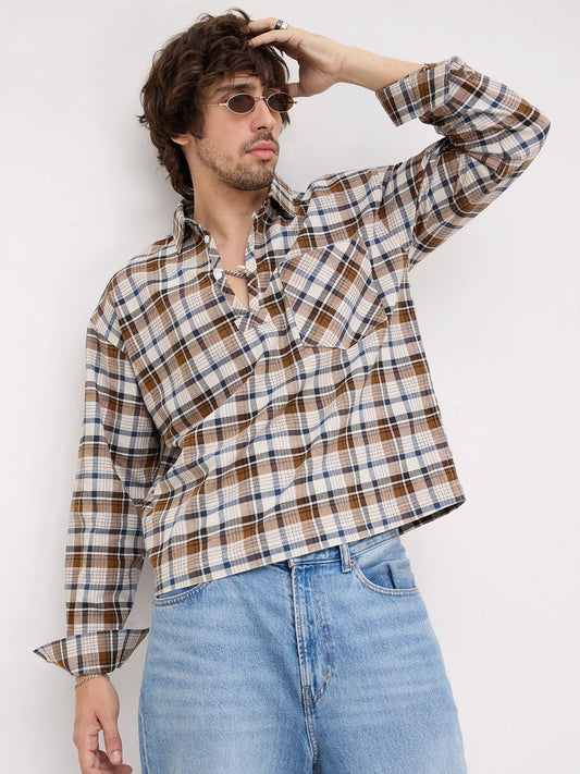 Rustic Artisan Thread-work Grid Checks Loop Button Oversized Shirt