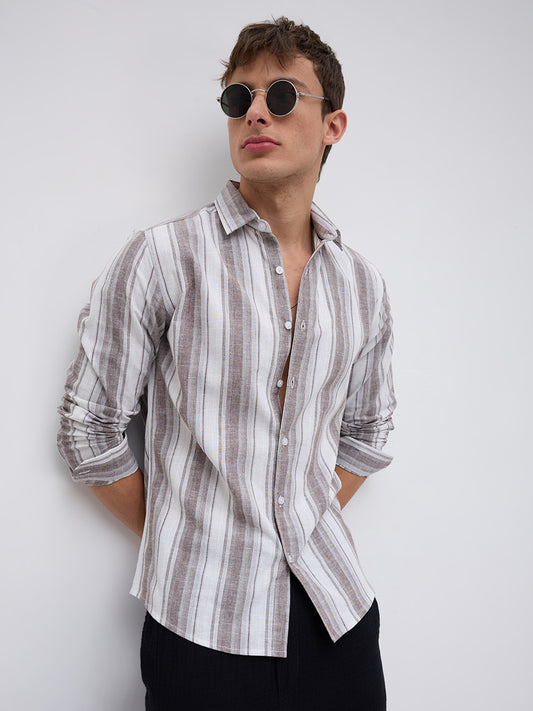 Saddle Brown & White Fine Striped Linen Blend Shirt