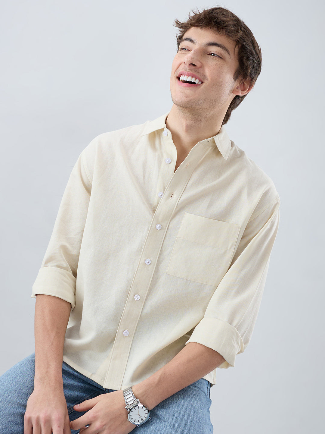 Luxe Off-White Fine Sheer Linen Blend Boxy Fit Crop Shirt