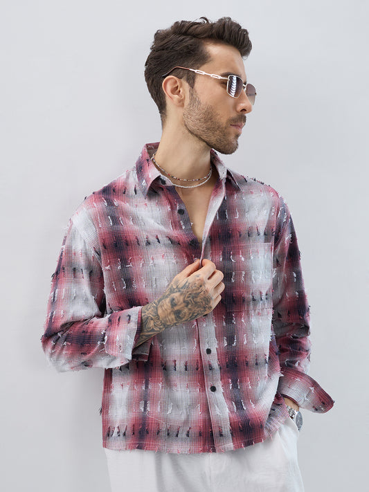 Dusty Red & Grey Distressed Checks Boxy Fit Crop Shirt