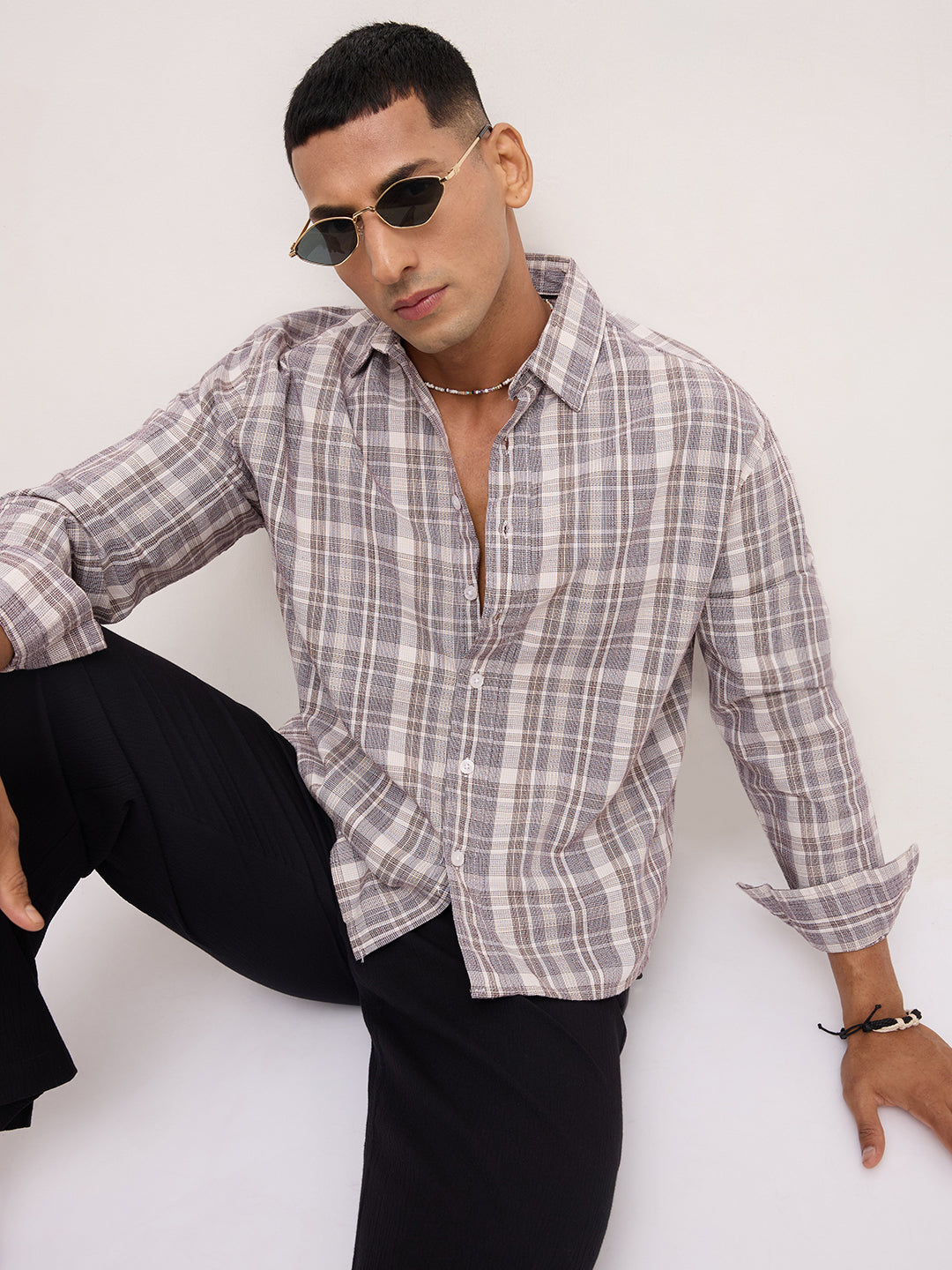 Ivory & Maroon Dual Line Checks Boxy Fit Crop Shirt
