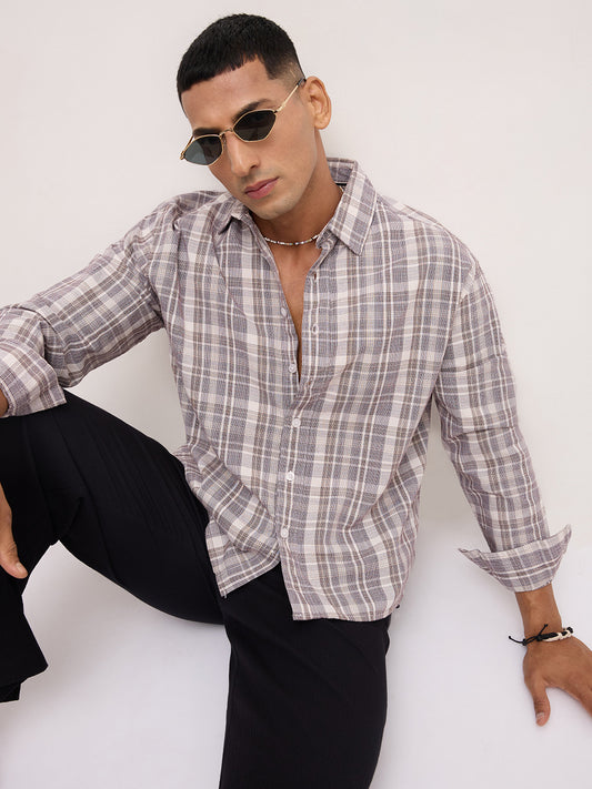 Ivory & Maroon Dual Line Checks Boxy Fit Crop Shirt