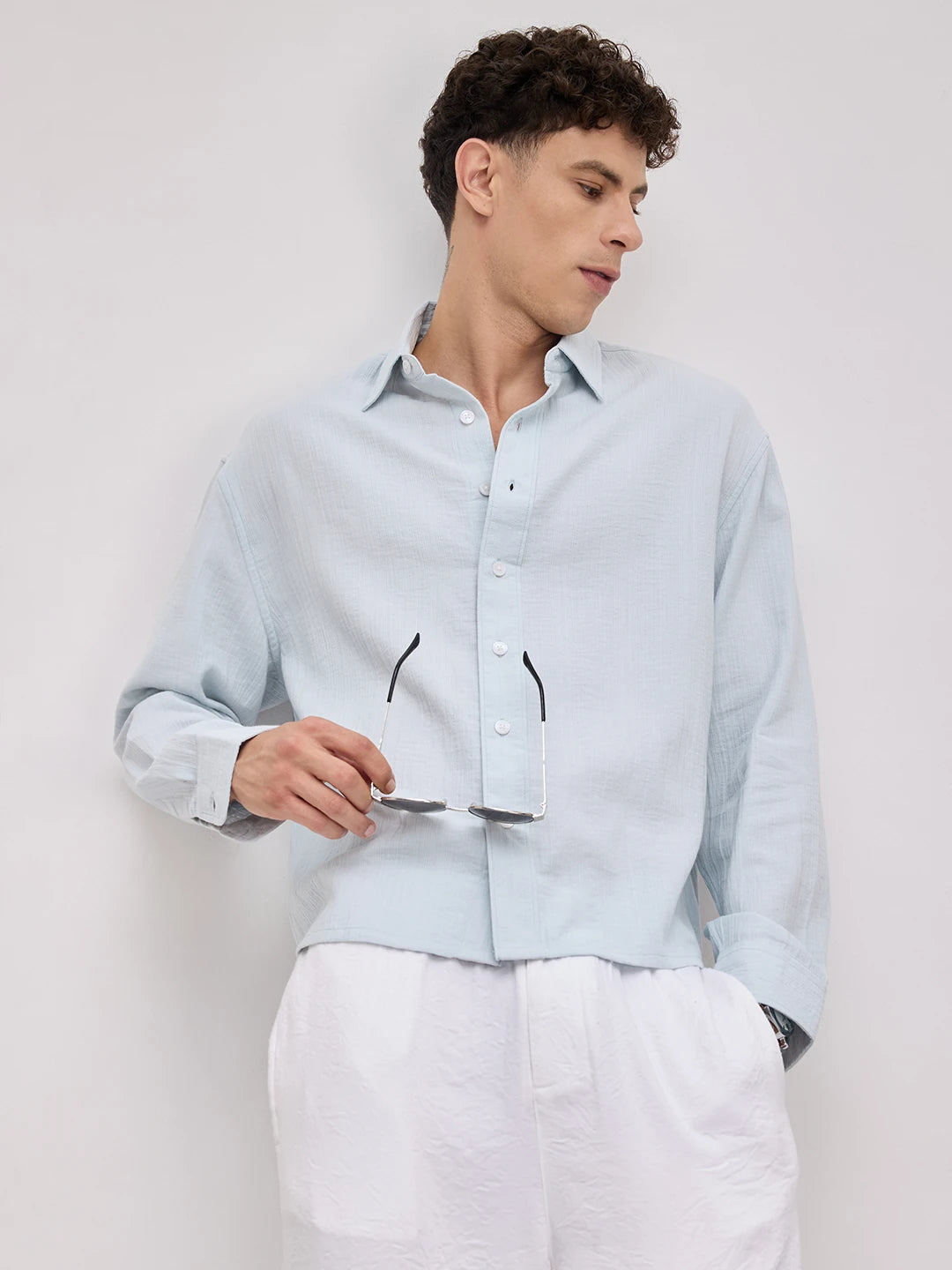 Plush Baby Blue Double Cloth Seersucker Striped Boxy Fit Crop Shirt