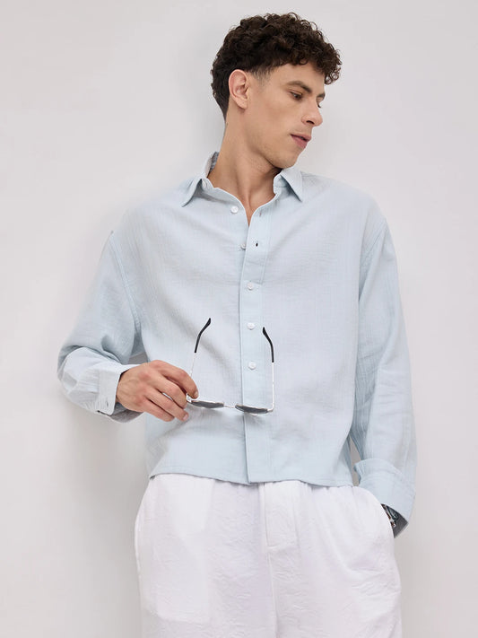 Plush Baby Blue Double Cloth Seersucker Striped Boxy Fit Crop Shirt