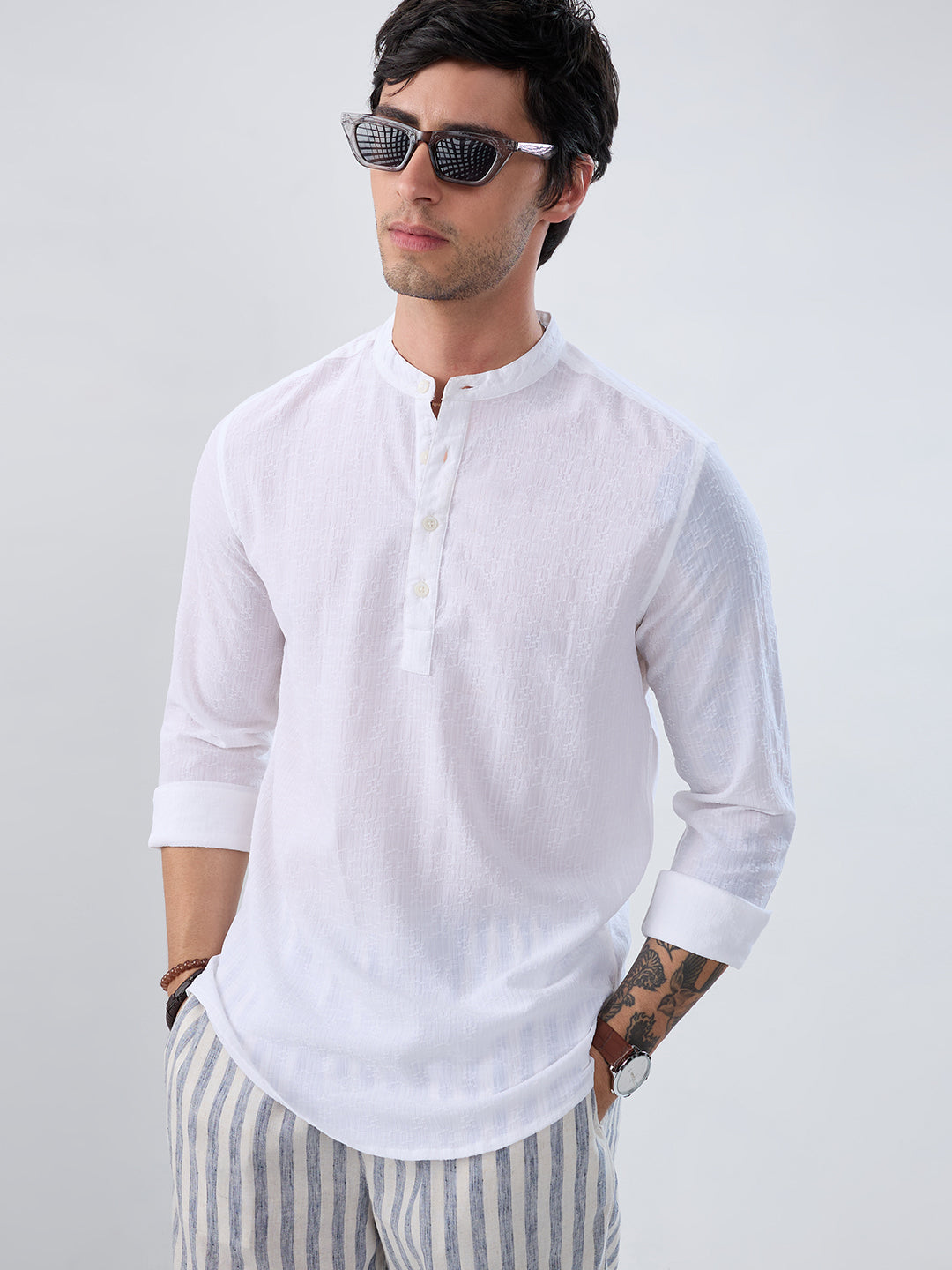 White Fine Weave Textured Kurta