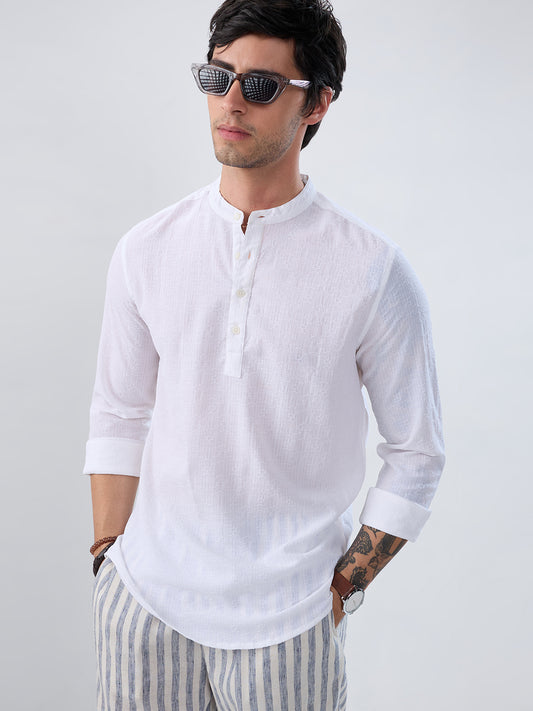 White Fine Weave Textured Kurta