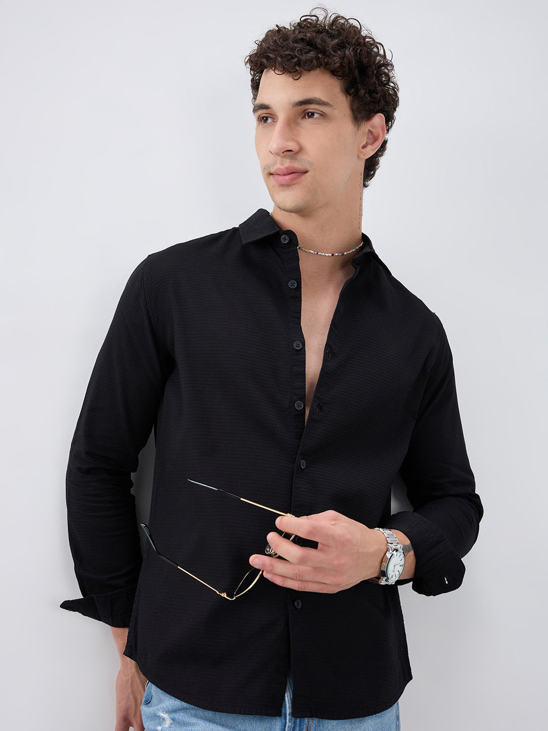 Jade Black Textured Knit Shirt