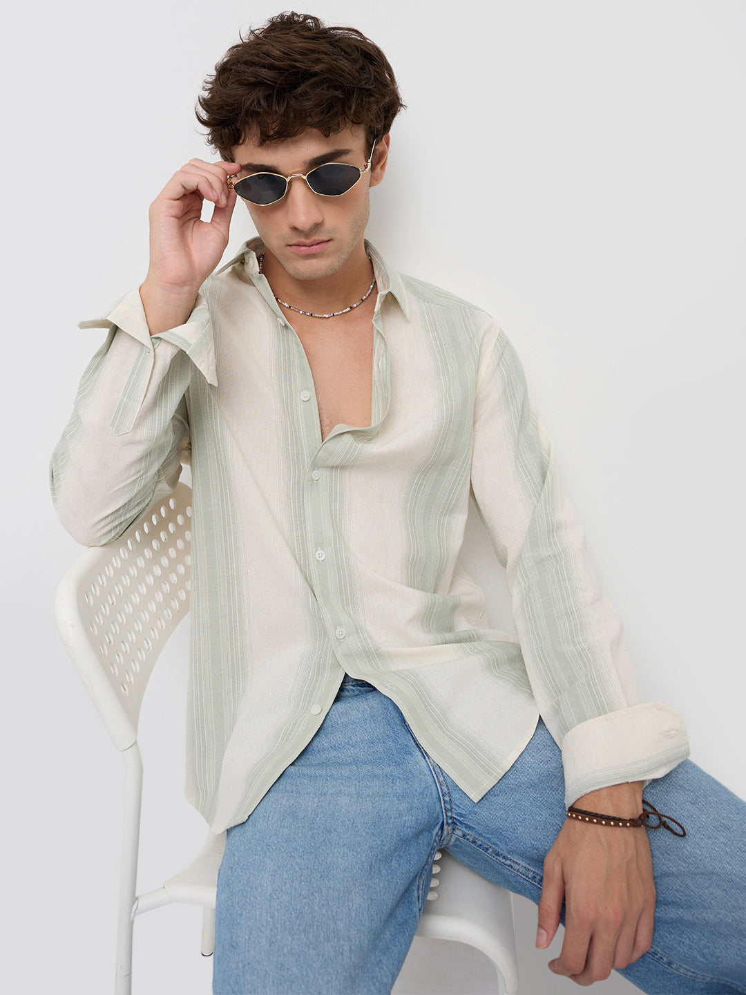 Luxe Sage Green Refined Striped Linen Blend Shirt
