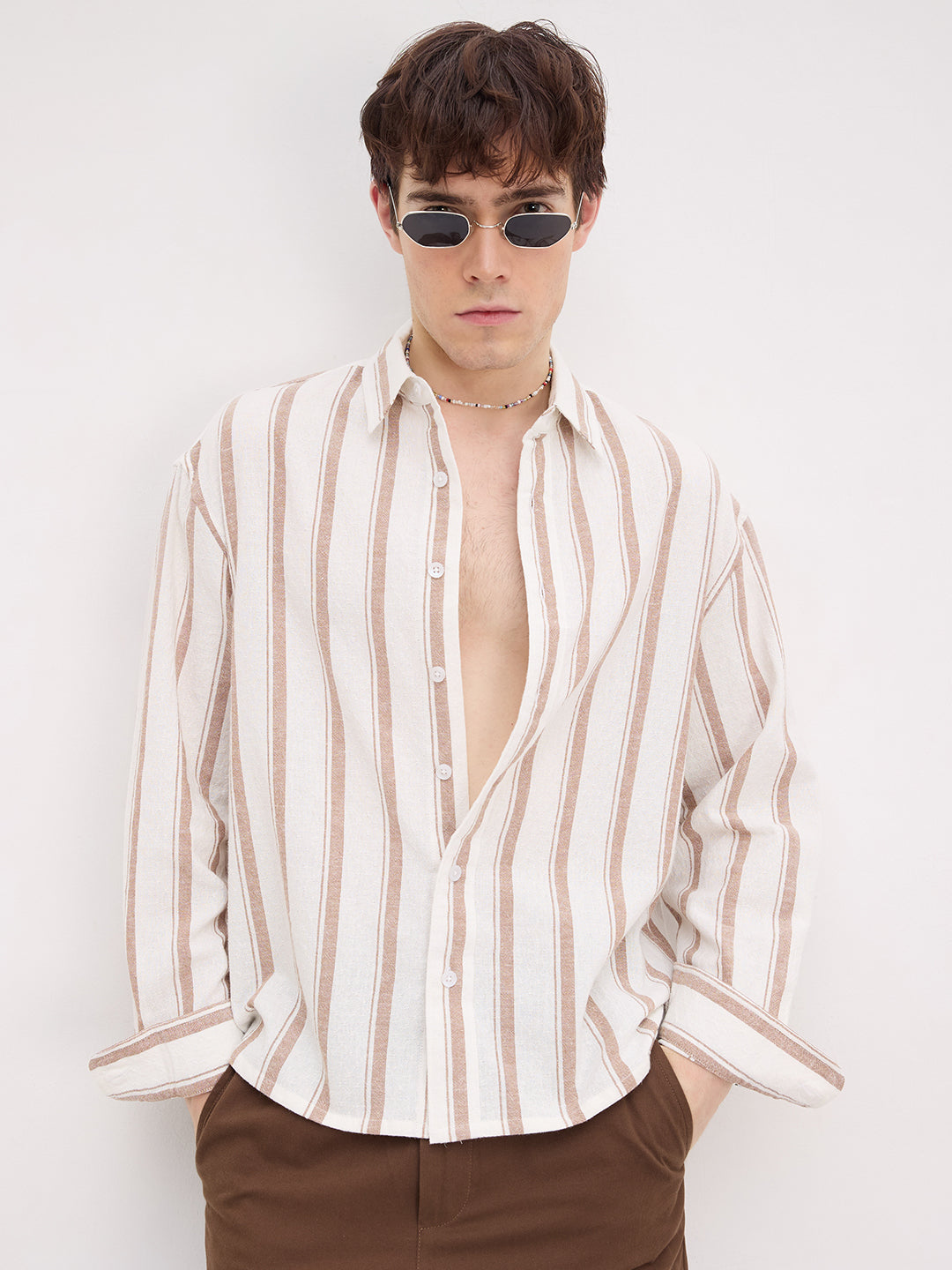 Natural Deep Khaki Striped Boxy Fit Crop Shirt