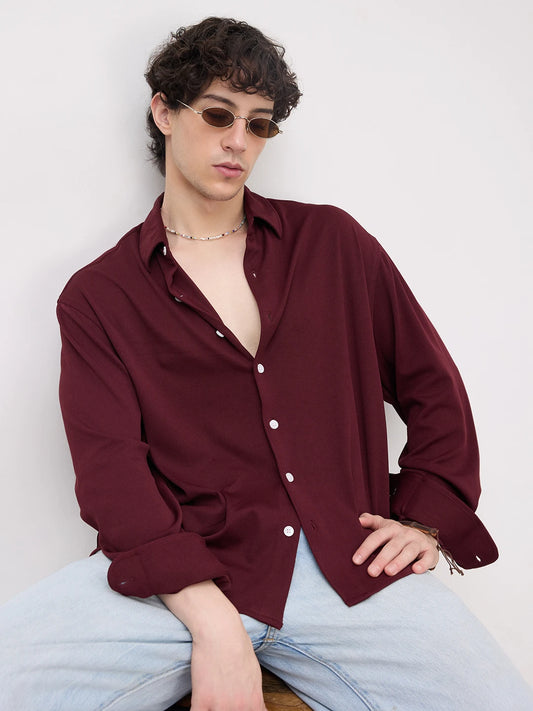 Rich Maroon Fine Textured Knitted Boxy Fit Crop Shirt