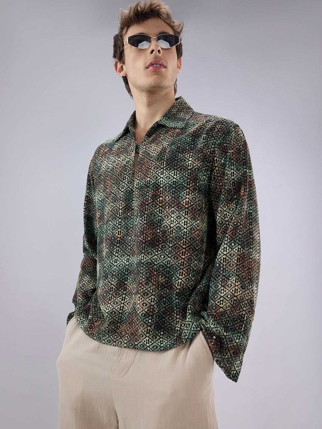 Noor Green Sequin Embroidered Cuffless Oversized Shirt