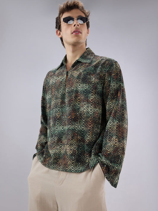 Noor Green Sequin Embroidered Cuffless Oversized Shirt