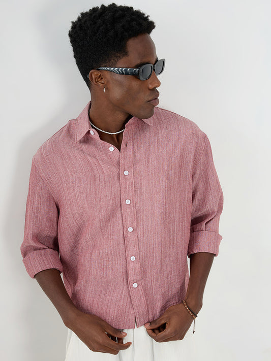 Elegant Brick Red Textured Boxy Fit Crop Shirt