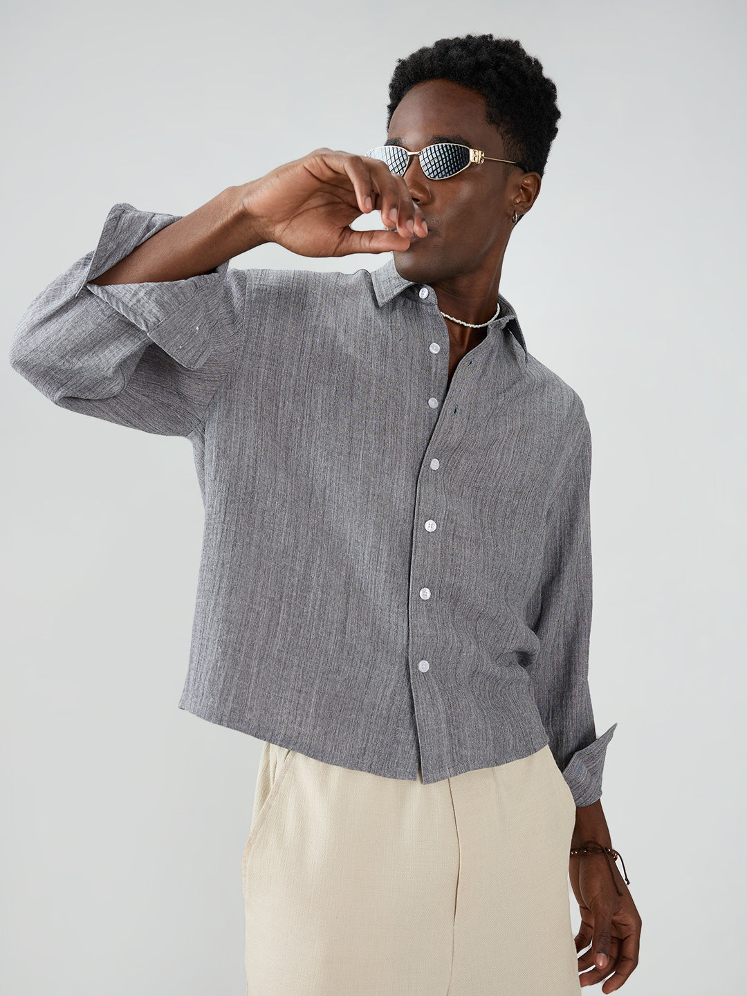 Grey Textured Boxy Fit Crop Shirt