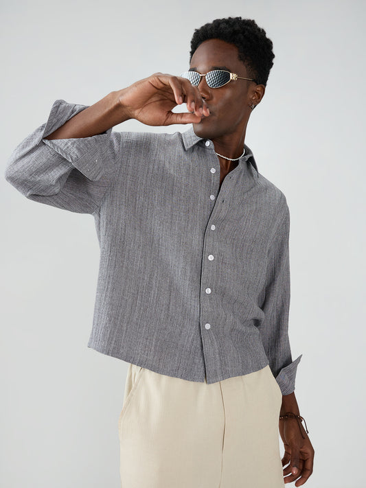 Grey Textured Boxy Fit Crop Shirt