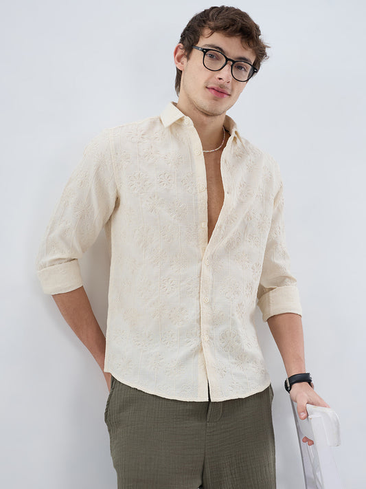 Serene Whispering Bloom Beige Embroidered Shirt