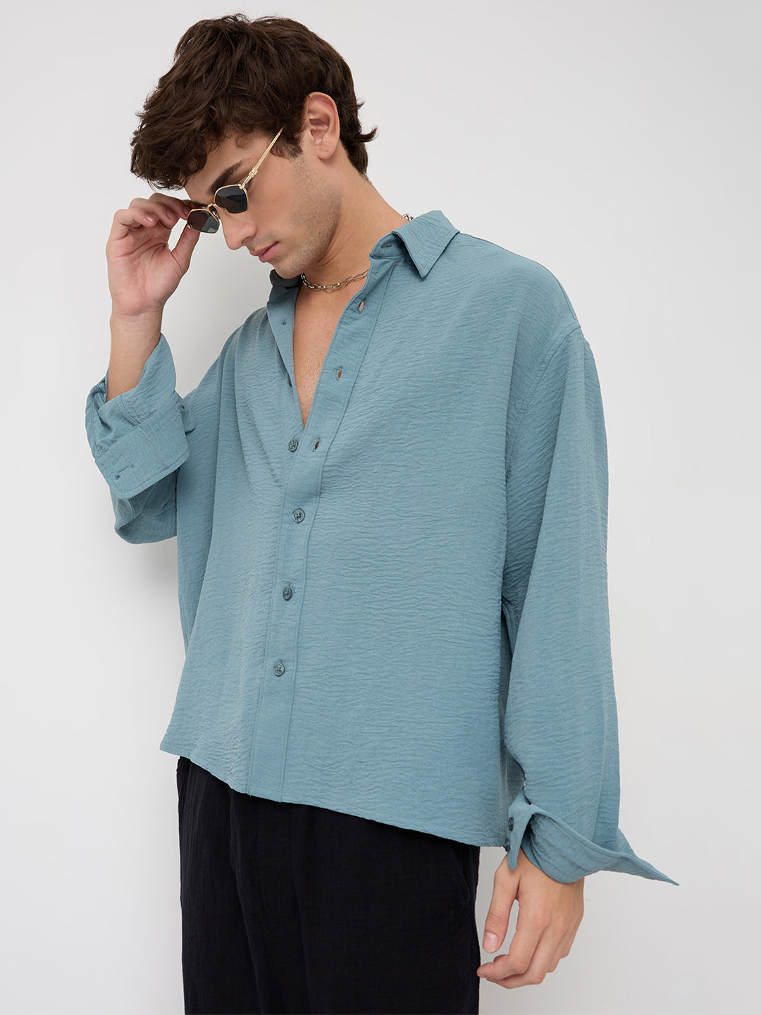 Plush AirForce Blue Lightweight Crinkled Boxy Fit Crop Shirt