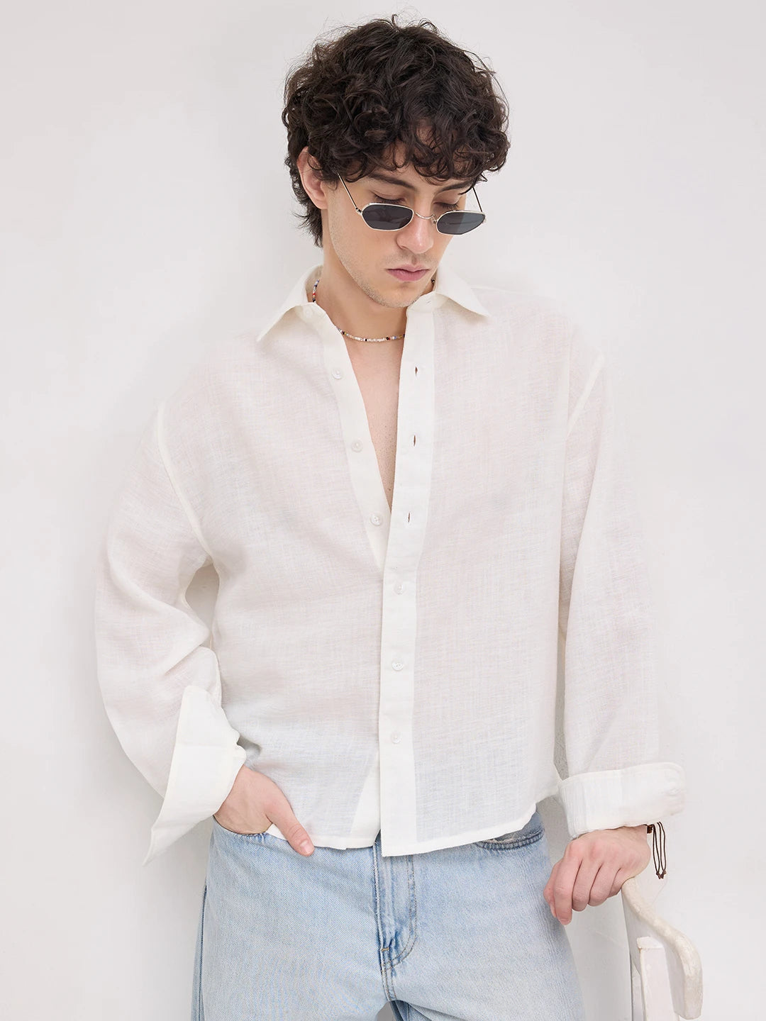 Plush Frost White Sheer Weave Boxy Fit Crop Shirt