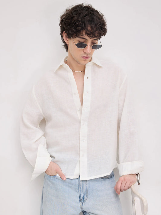 Plush Frost White Sheer Weave Boxy Fit Crop Shirt