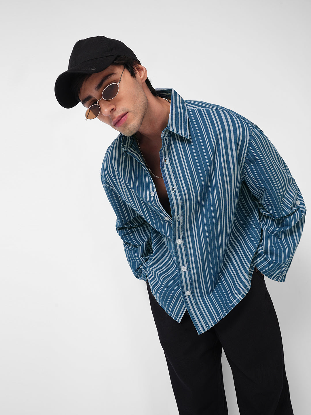 Denim Blue & White Bold Striped Cuffless Oversized Crop Shirt