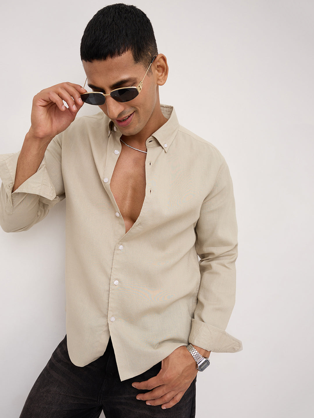 Luxe Laurel Green Button-Down Collar Linen Blend Shirt