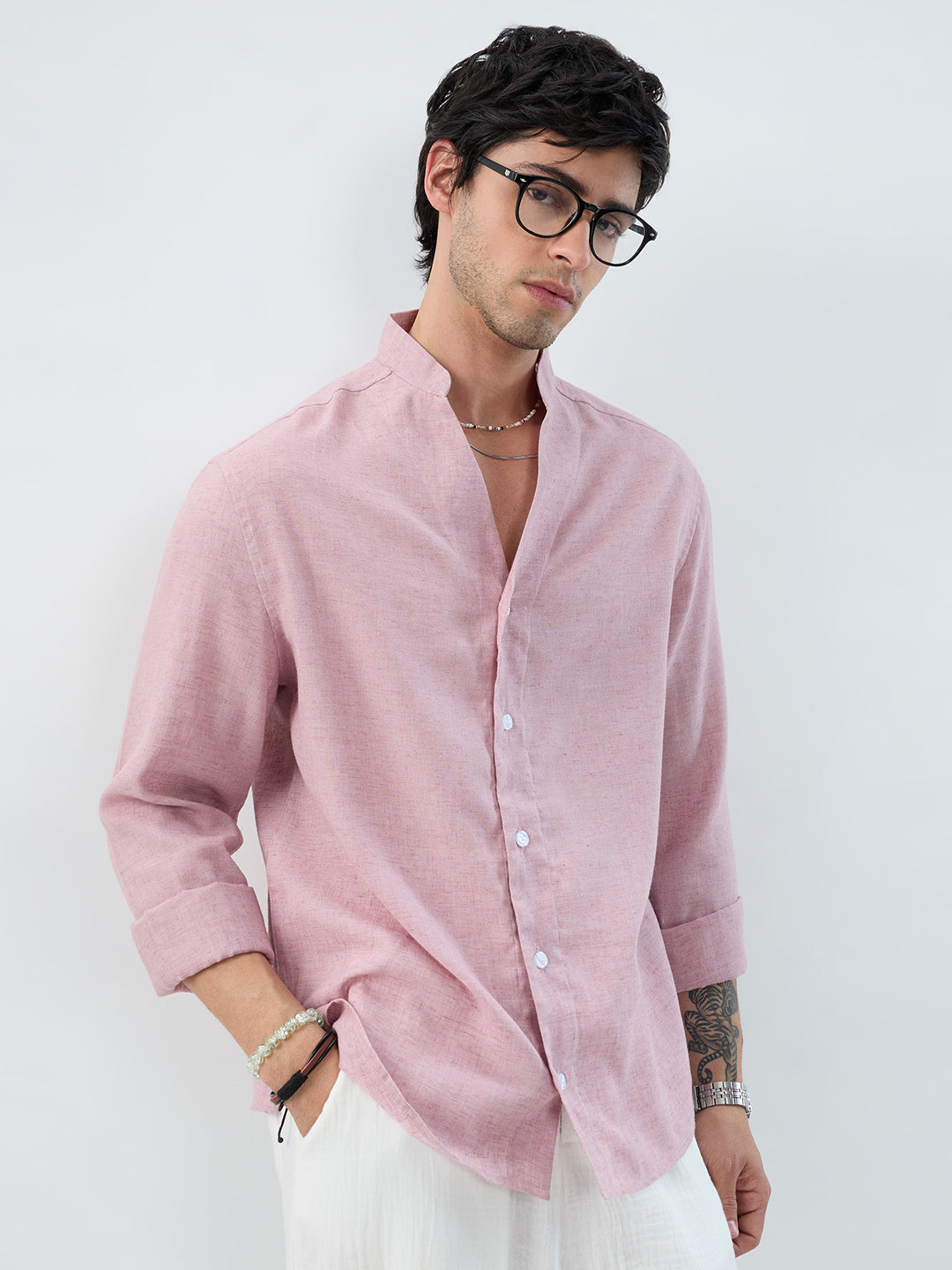 Han Pink Linen Blend Stand-Collar Oversized Shirt