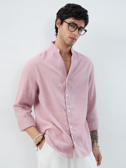 Han Pink Linen Blend Stand-Collar Oversized Shirt