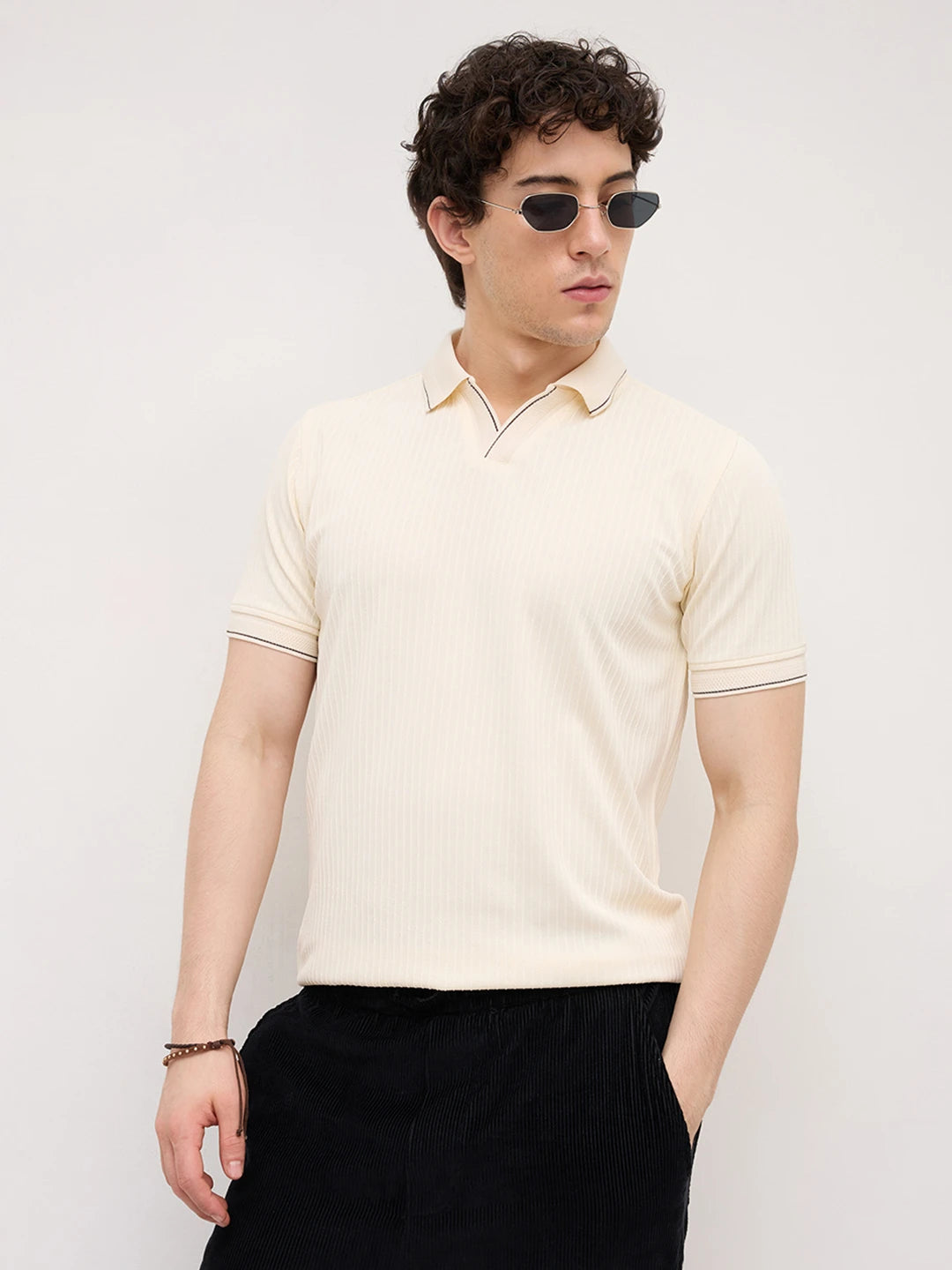 Elite Cream Pinstripe Weave Polo Tee