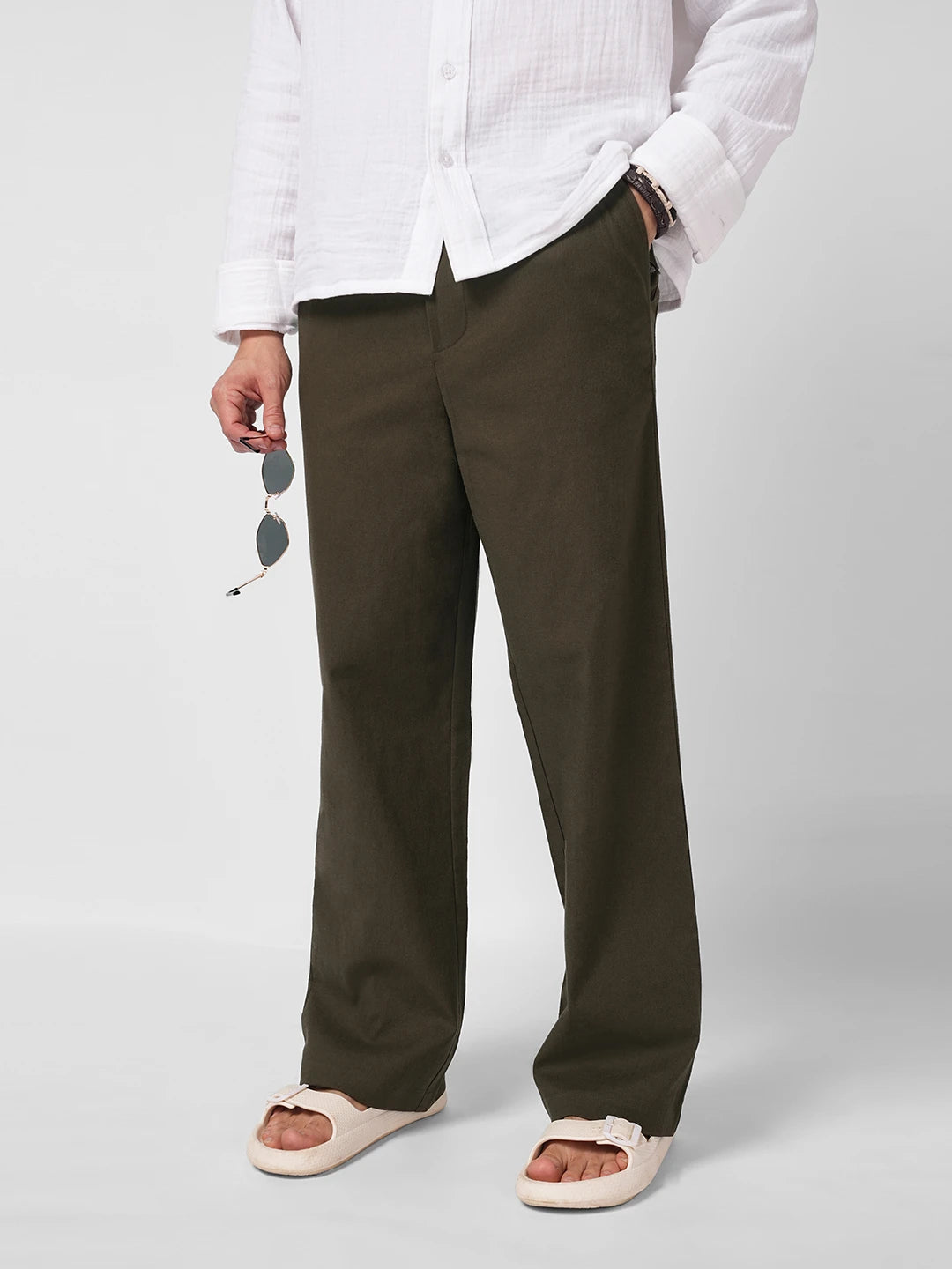 Brunette Brown Slub Weave Straight Fit Trousers