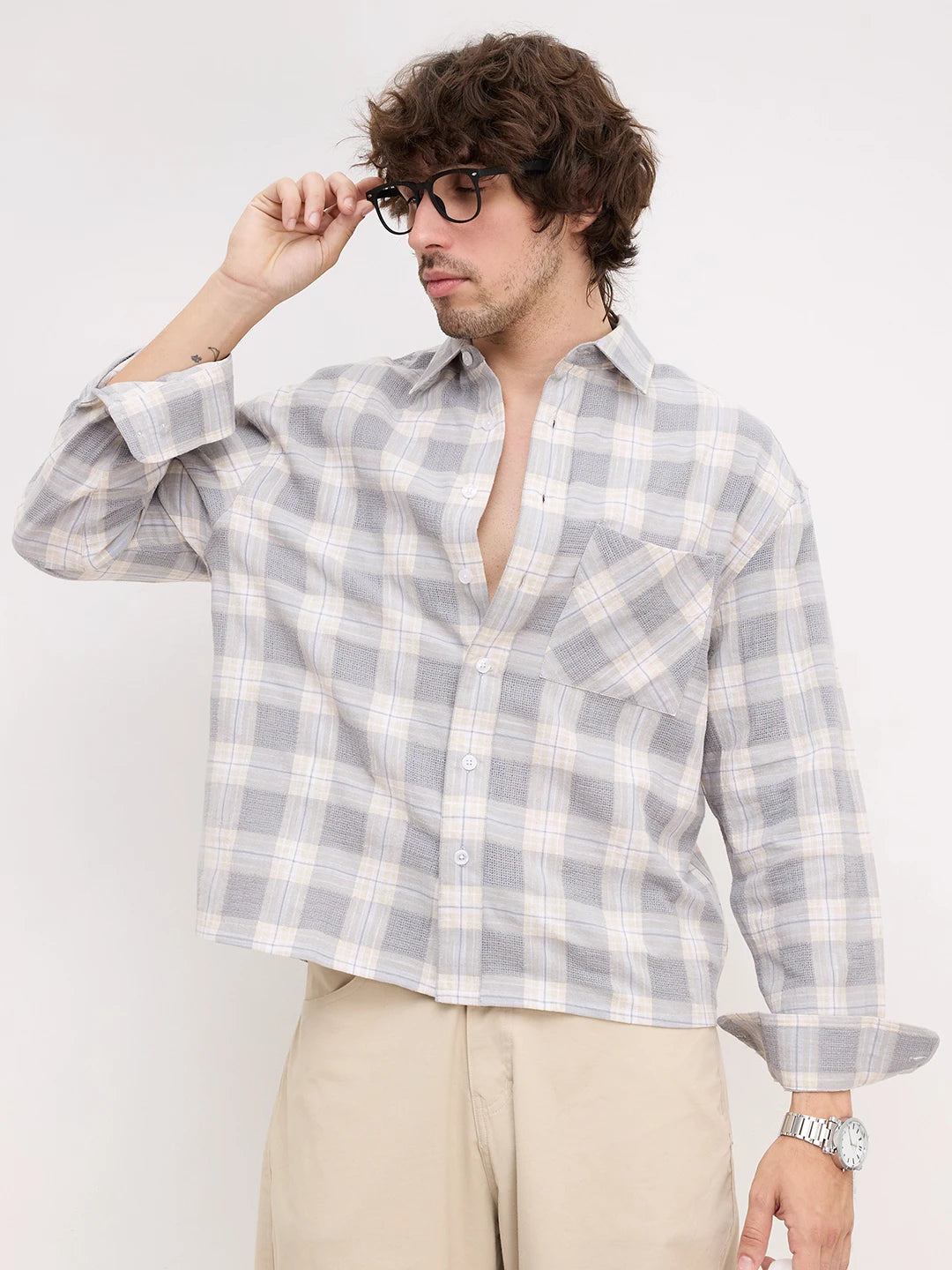 Grey & Beige Structured Check Weave Boxy Fit Crop Shirt