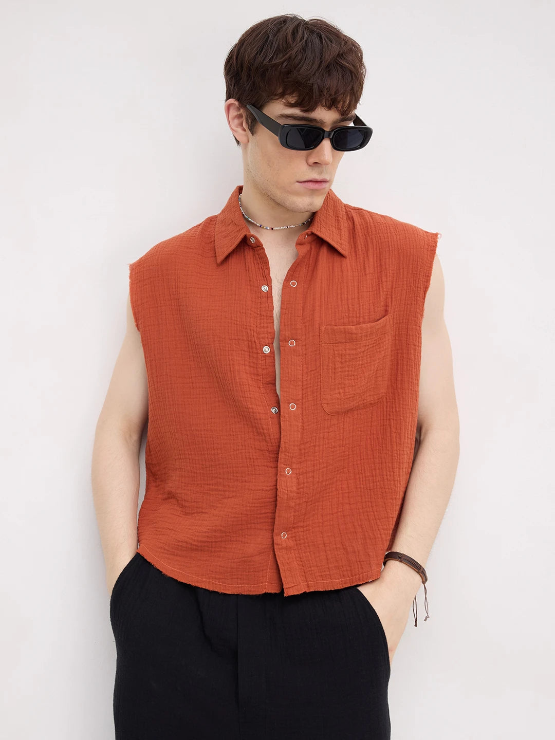 Trendy Fiery Rust Sleeveless Cropped Shirt