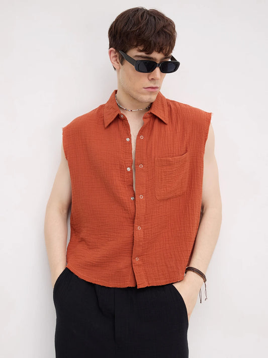 Trendy Fiery Rust Sleeveless Cropped Shirt