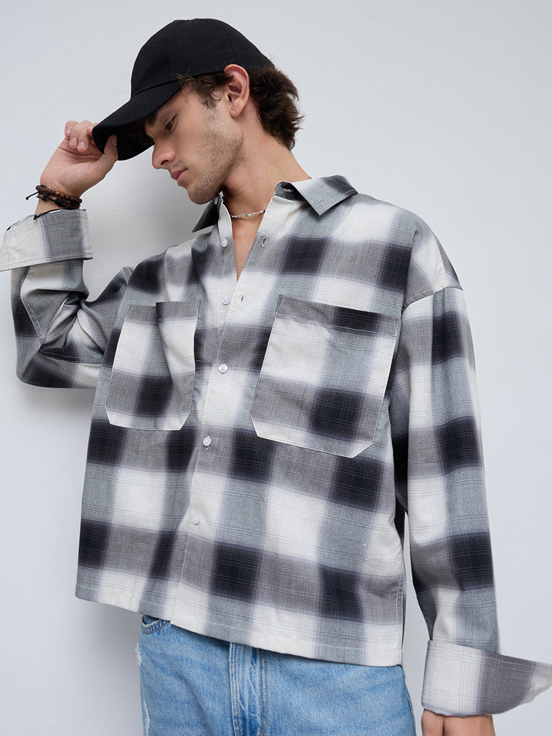 Monochrome Bold Grid Boxy Fit Crop Utility Shirt