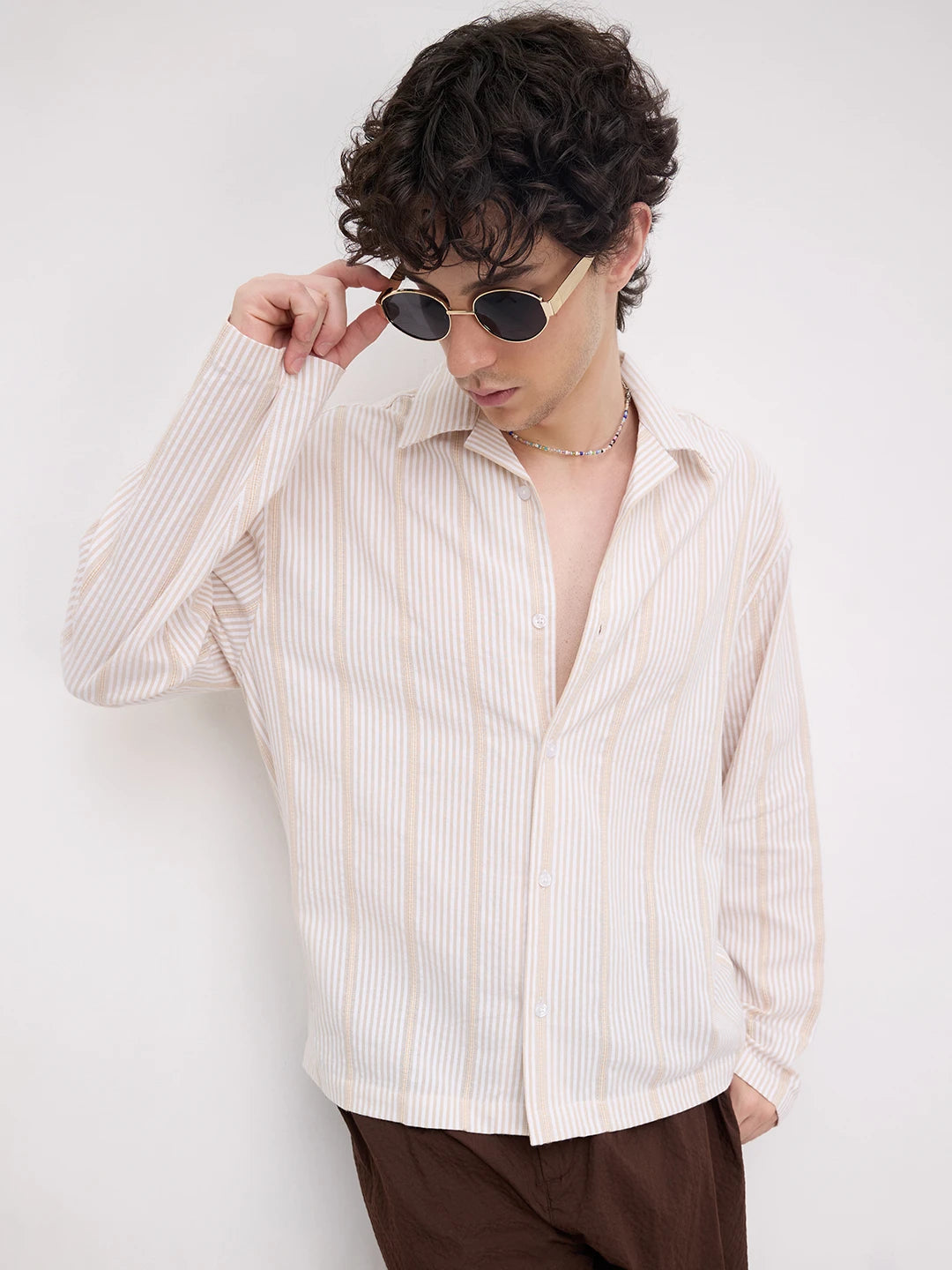 Luxe Beige Candy Striped Notch Collar Oversized Shirt